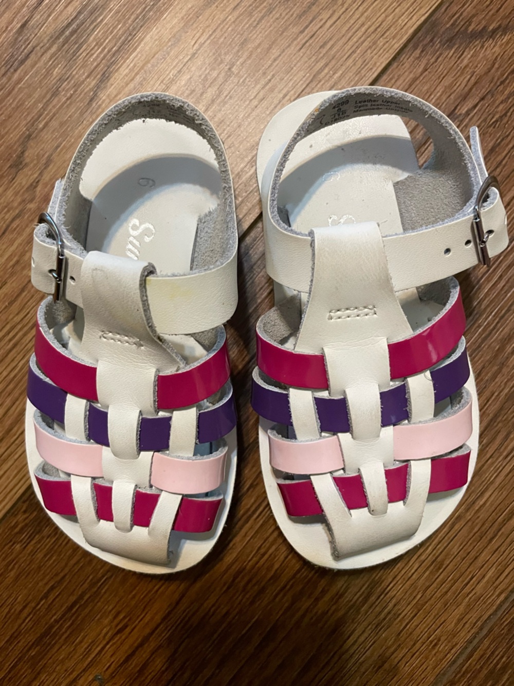 Sun Sans White Pink & Purple Leather Strappy Sandals Summer Beach Vacation BTS